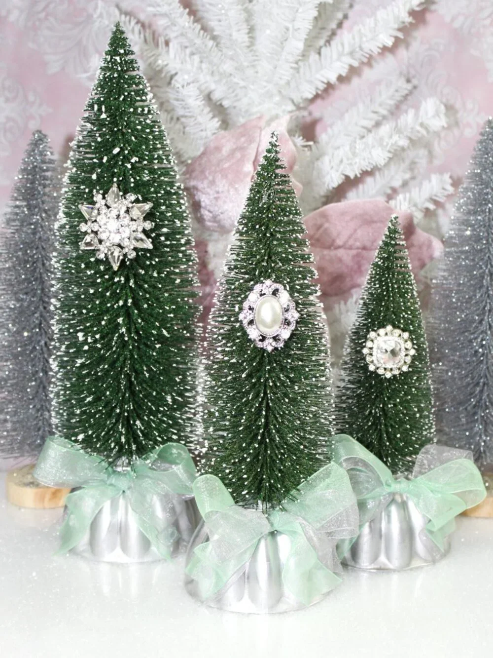 Bottle Brush Christmas Trees - Set of 3 Green - Vintage Jello Mold Stands